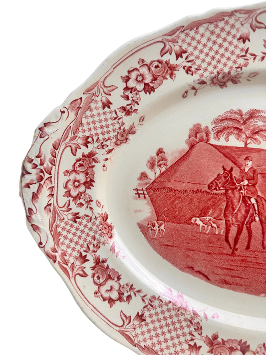 Vintage Red Transferware Staffordshire Hunt Scene Platter