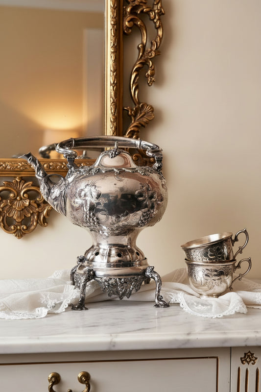 Silver teapot on a white surface with a plain background