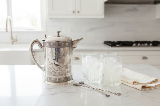 Silver pitcher with detailed engravings on a white background