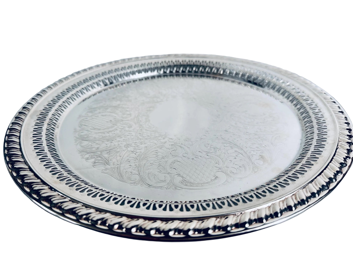 Leonard Silverplate Round Tray with Pierced Gallery