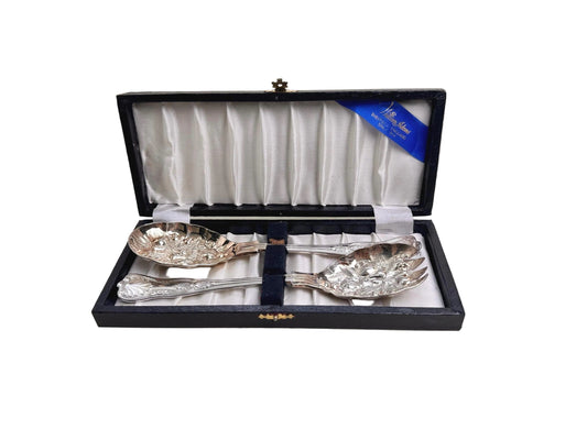 William Adams Sheffield Gold Wash Serving Spoons, Boxed Silverplate Pair