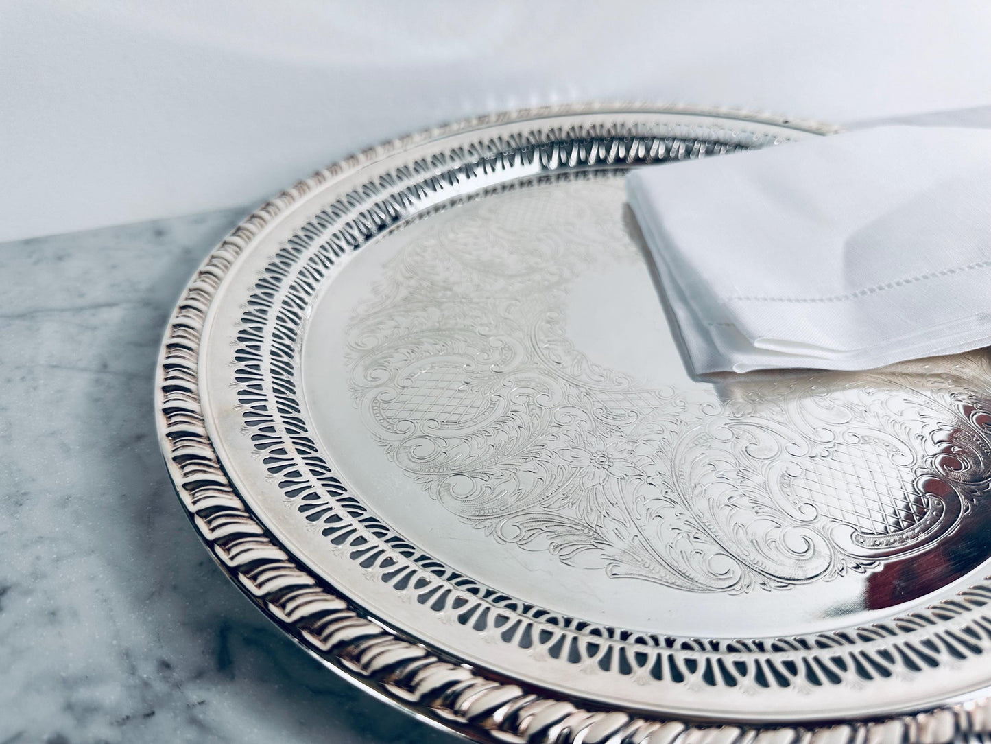 Leonard Silverplate Round Tray with Pierced Gallery