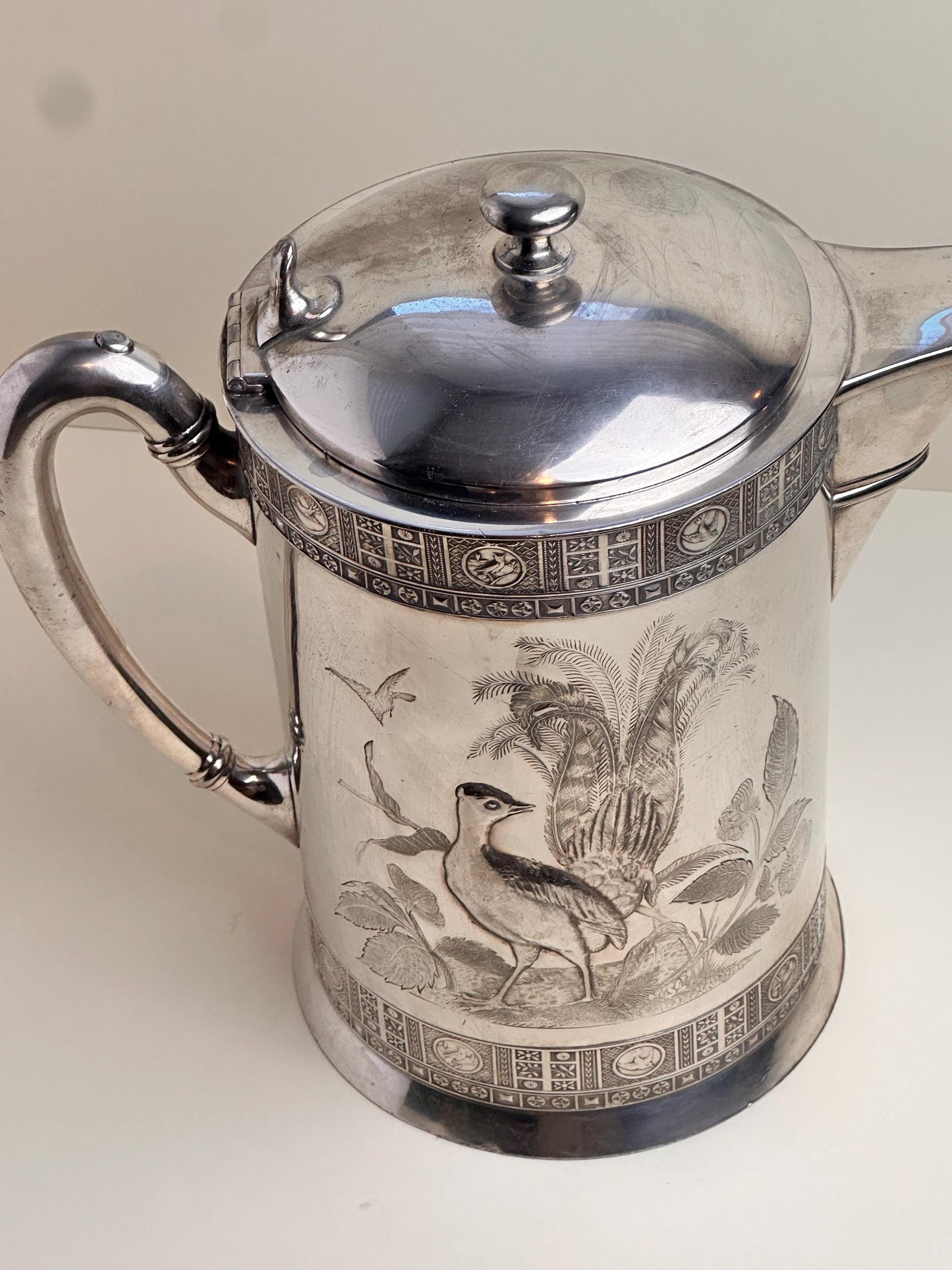 Meriden Quadruple Plate Pitcher with Heron Engraving