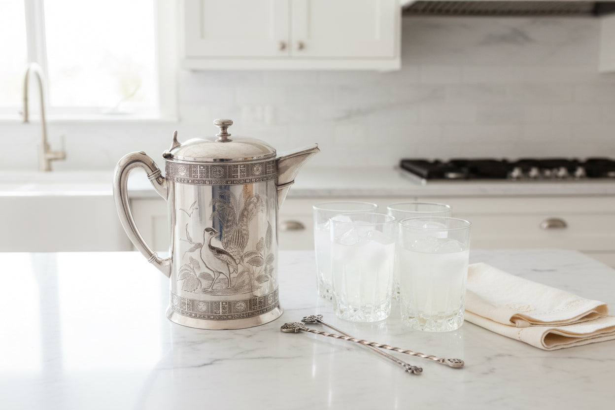 Silver pitcher with detailed engravings on a white background