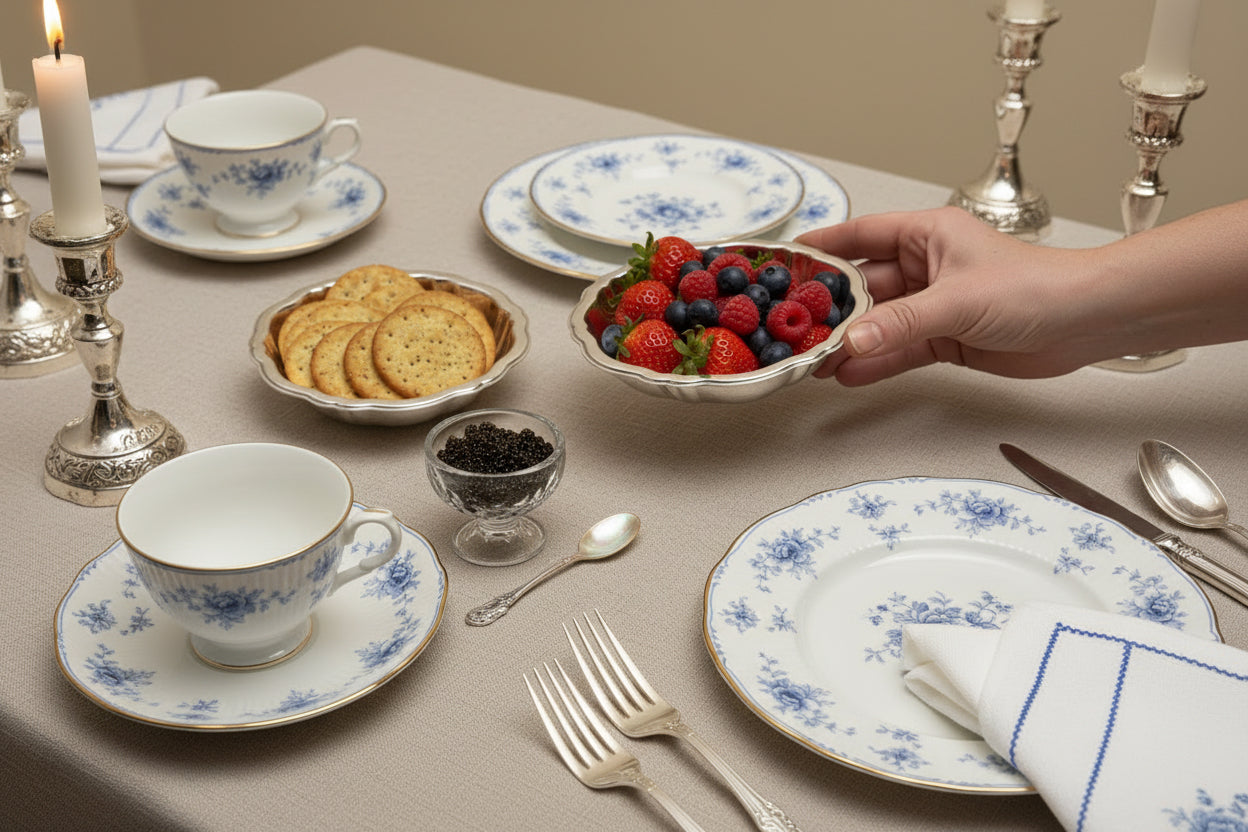 Hand holding a silver decorative plate against a beige background